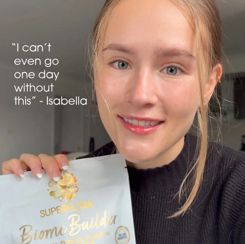 Quote praising Biome Builder for improving gut health from Isabella