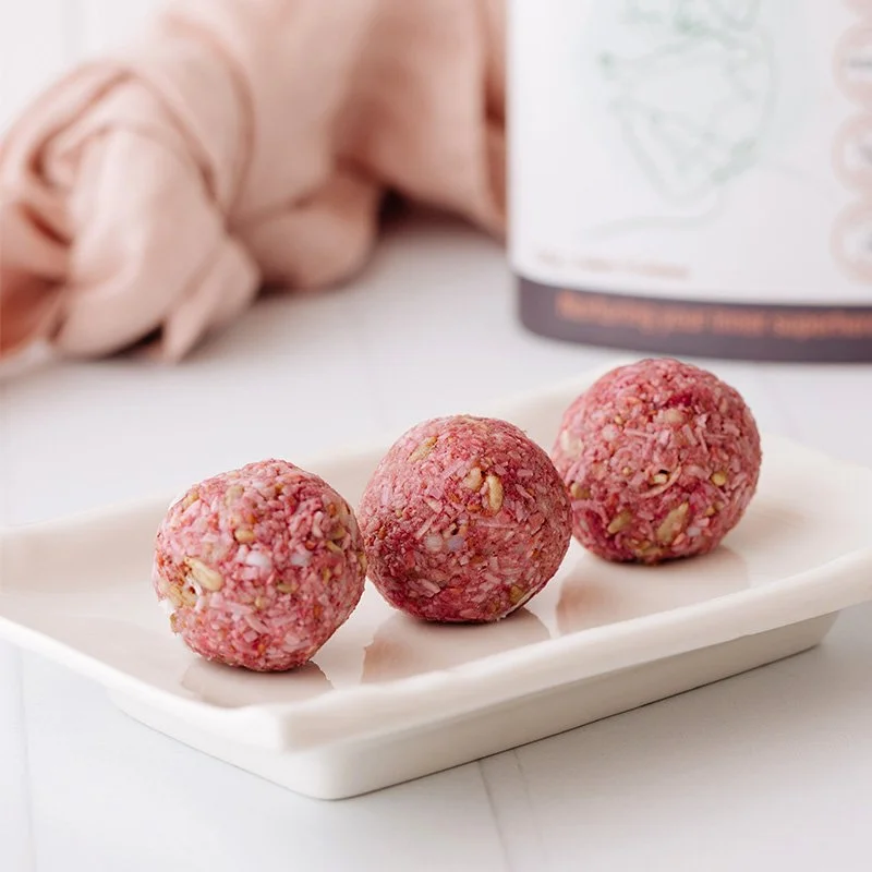 Low FODMAP Raspberry Coconut Protein Balls