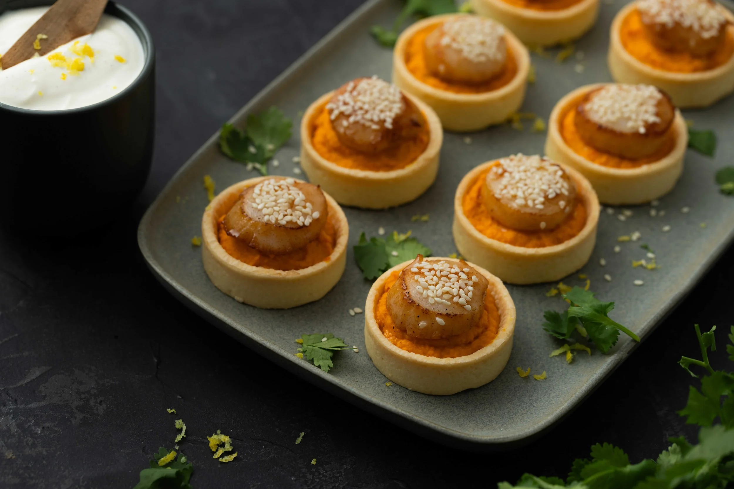 Scallop tartlets with a tangy carrot puree