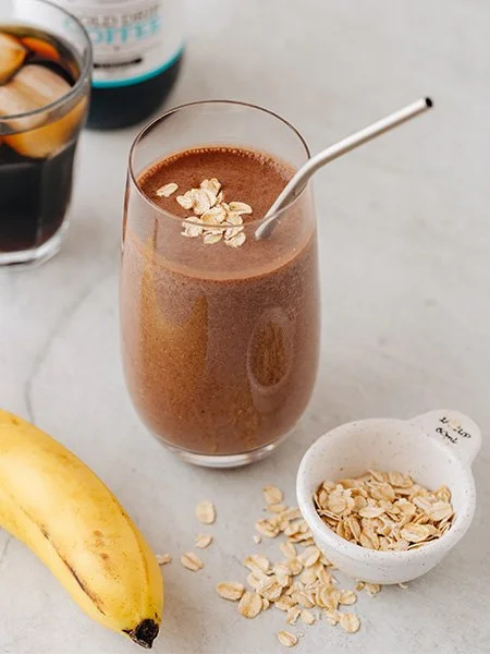 Delicious oat, coffee, banana and chocolate smoothie