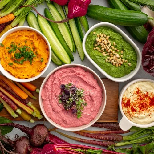 Four colourful low FODMAP dips