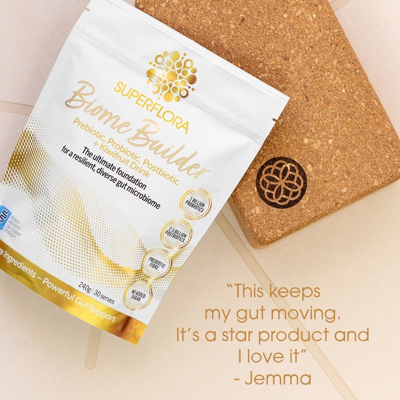 Pack of Biome Builder next to a yoga block and a customer review from Jemma