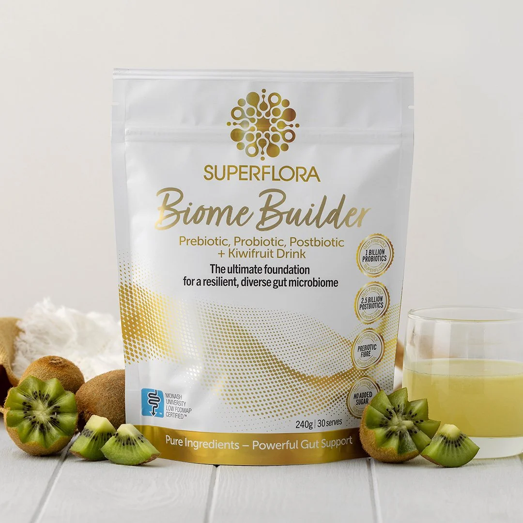 A pack of Biome Builder kiwifruit and a glass of the gut health drink