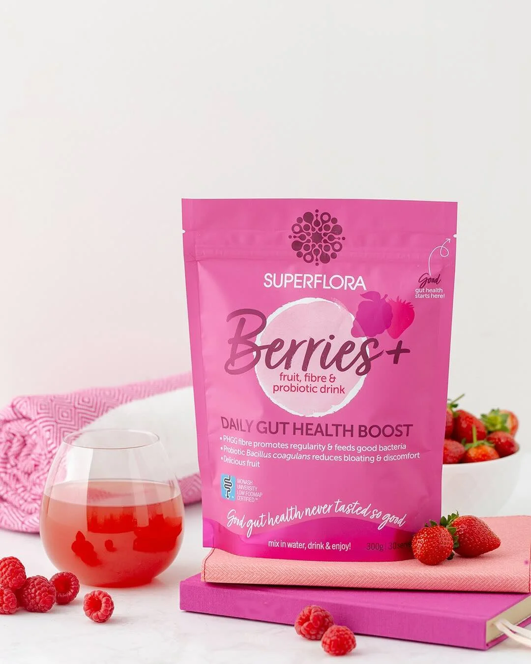 Superflora Berries+ Boost contains partially hydrolysed guar gum - a gentle prebiotic fibre that supports regularity.