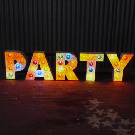colourful PARTY light up letters