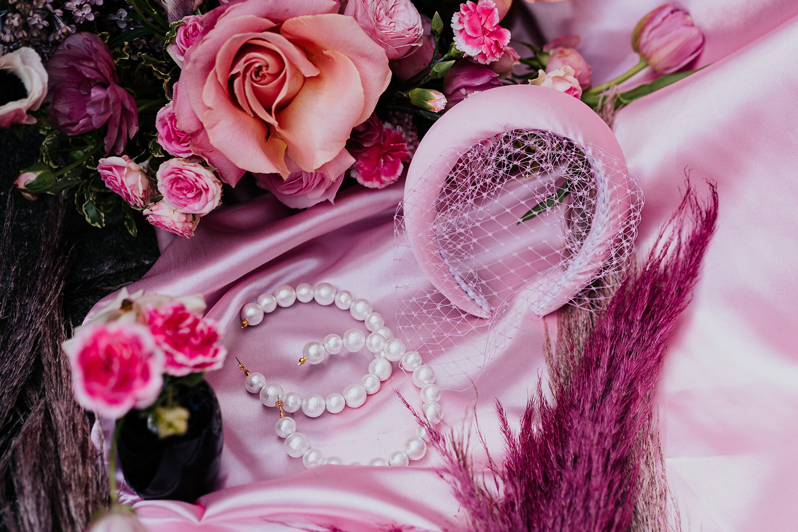 80s style pink bridal accessories