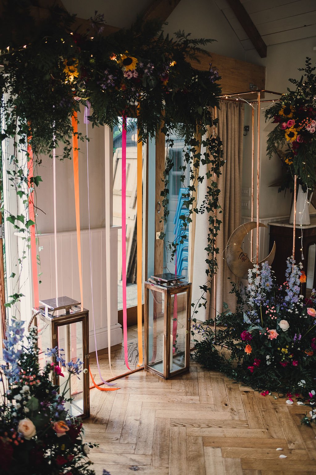 colourful ribbons and a floral installation