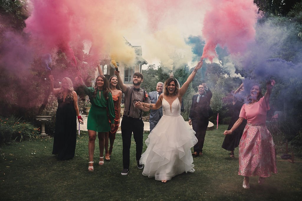 colourful smoke bomb wedding picture