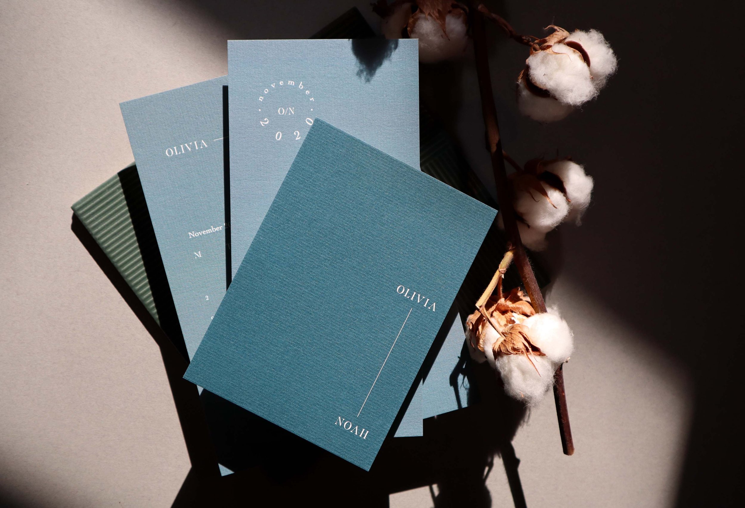  An artistic shot of some duck egg blue weddding stationery next to some cotton plants. 