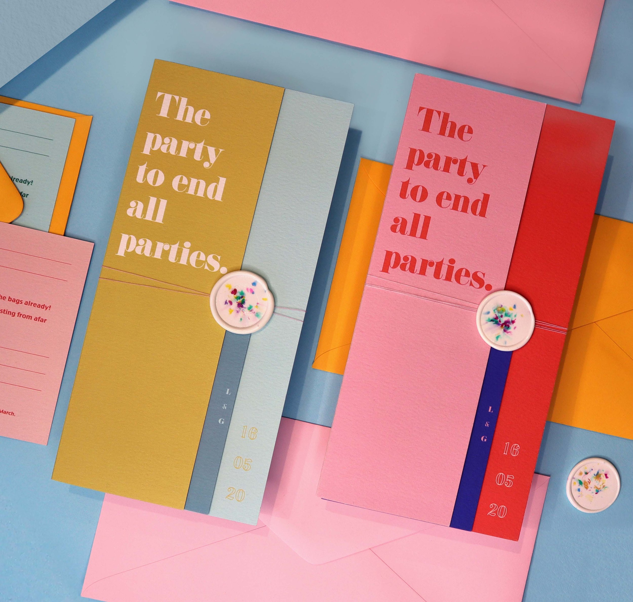  A wedding bespoke wedding stationery suite with a  unique colour palette of mustard, duck egg, red and pink. The invites are rectangular and have cool type that says ‘The party to end all parties’. 
