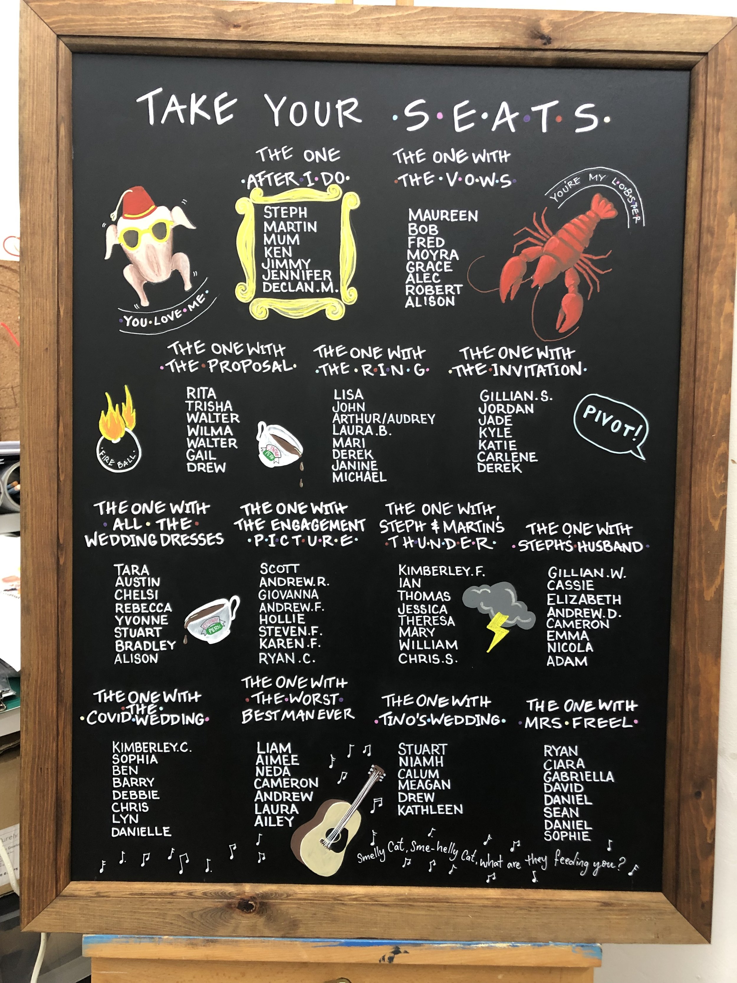  An in the style of Friends table plan. A black chalk board is framed with a darker wood and has white writing interspersed with colours and pictures from the Friends sitcom. 