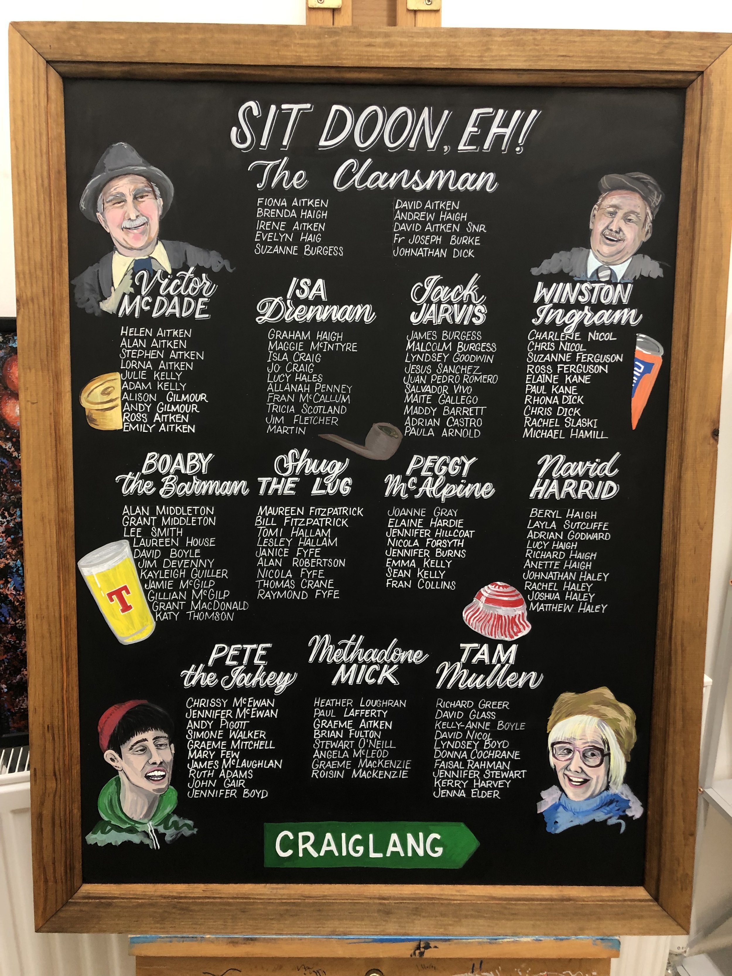  A keepsake chalk board showing the table plan is written out under the heading of SIT DOWN EH! and has a wooden frame around it. Various characters, food and drink are drawn out across it in chalk too. 