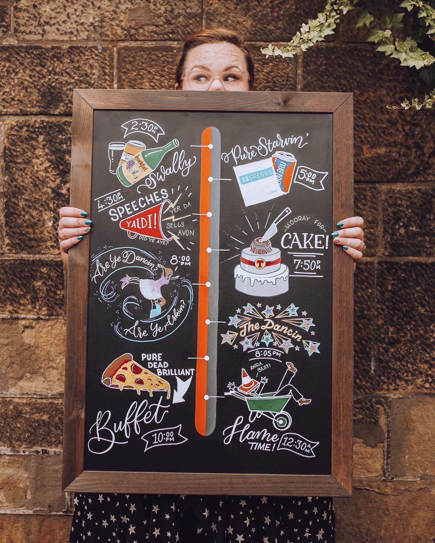  A person stood in front of a wall is holding up the wooden framed chalkboard plan of the day. The portrait board has a timeline down the middle and various parts and timings of the day listed from it with a drawing associated with what is happening 
