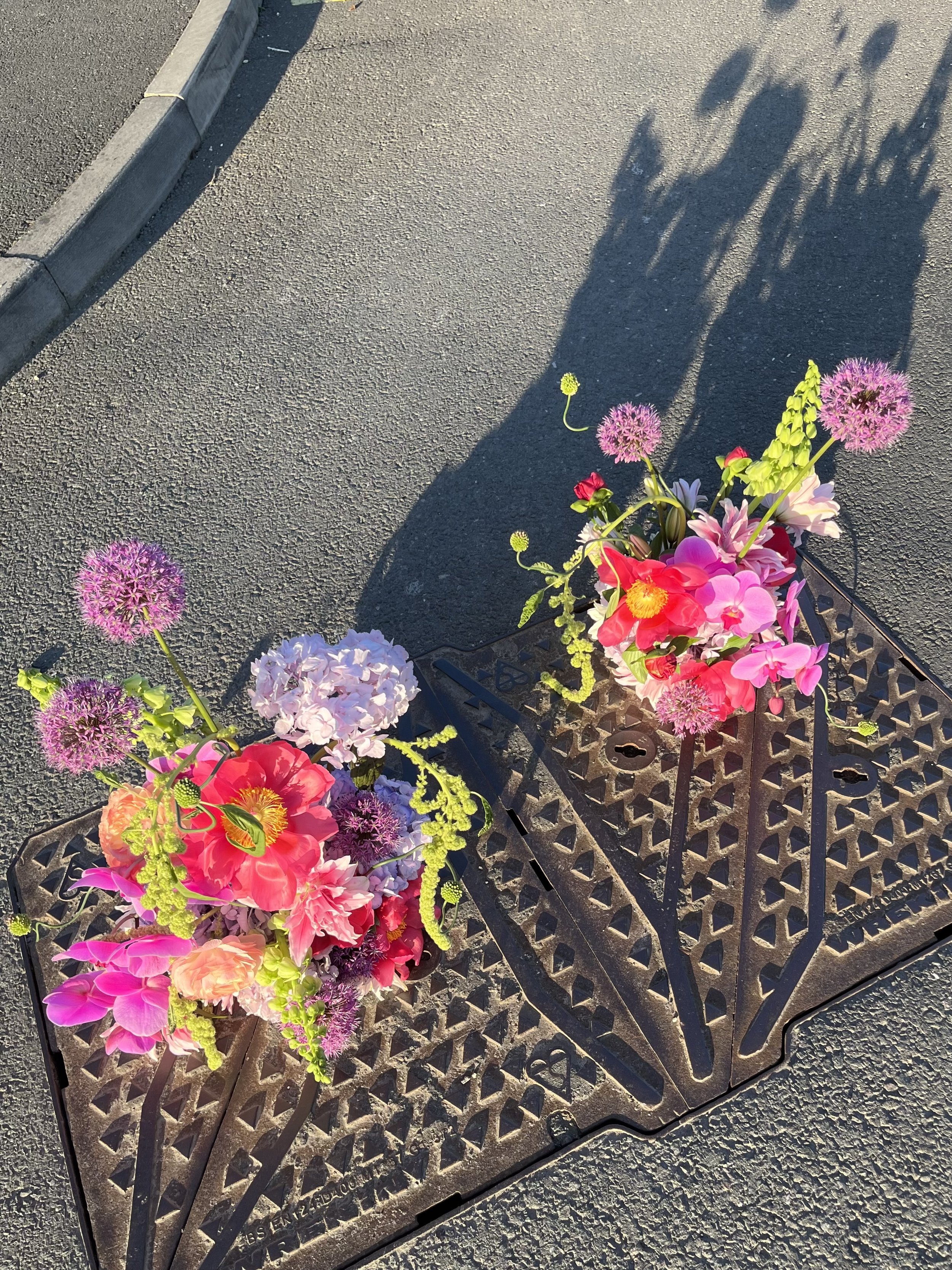  A beautiful juxtaposition has been created by placing the two small, separate but complimentary floral displays next to each other on top of two manhole covers in the road. Bright pink and purple flowers in different sizes and textures are placed al