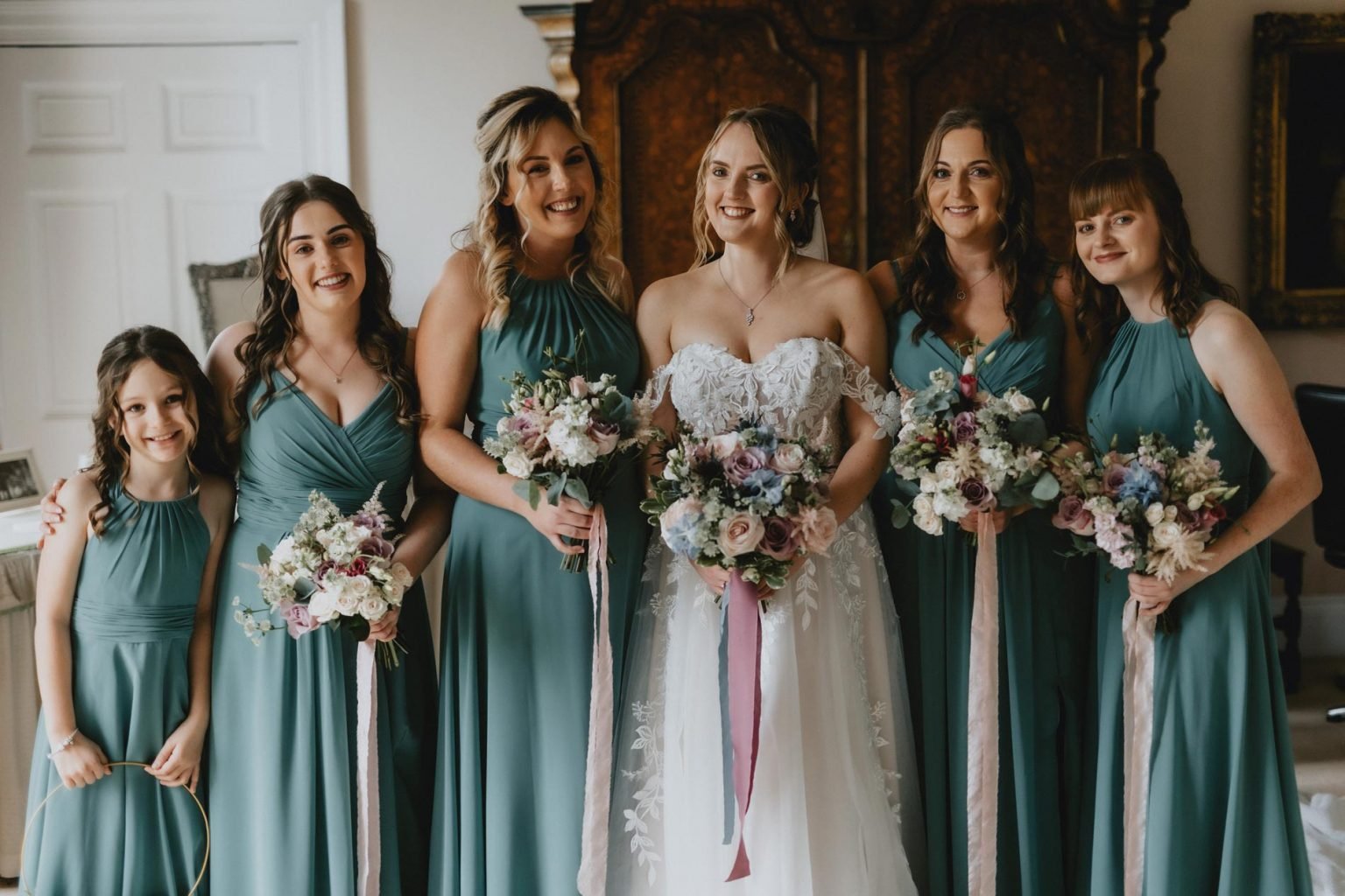  The bride is stood in the centre with her bridesmaids and flower girl either side wearing different styled long sleeveless sage bridesmaid dresses. The bride is wearing a long, strapless, white wedding dress with applique lace detailing across the b