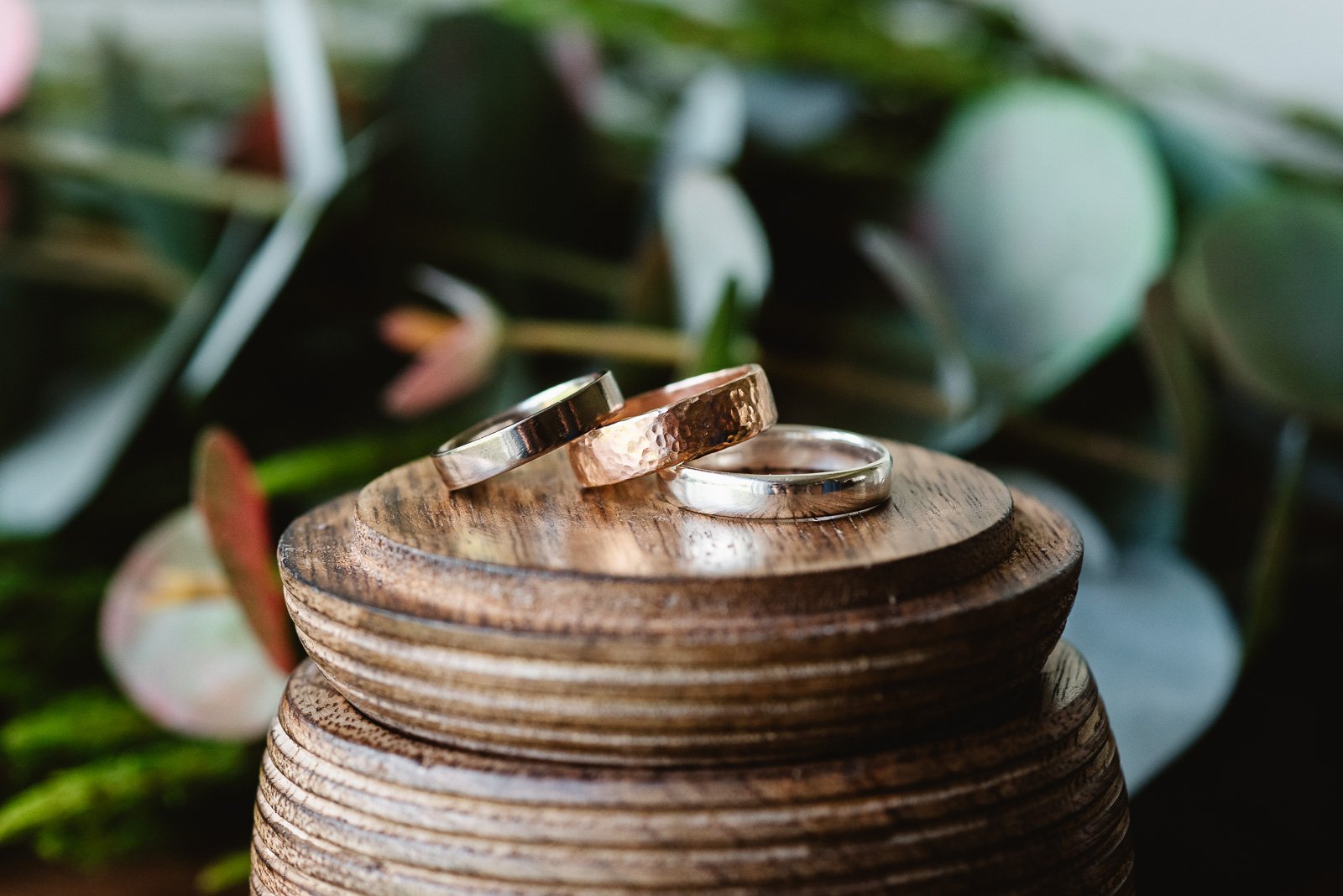  Ethical, modern wedding bands in gold, silver and rose gold with handmade detailing adding shimmer and texture.  Photo by: Fiona Kelly 