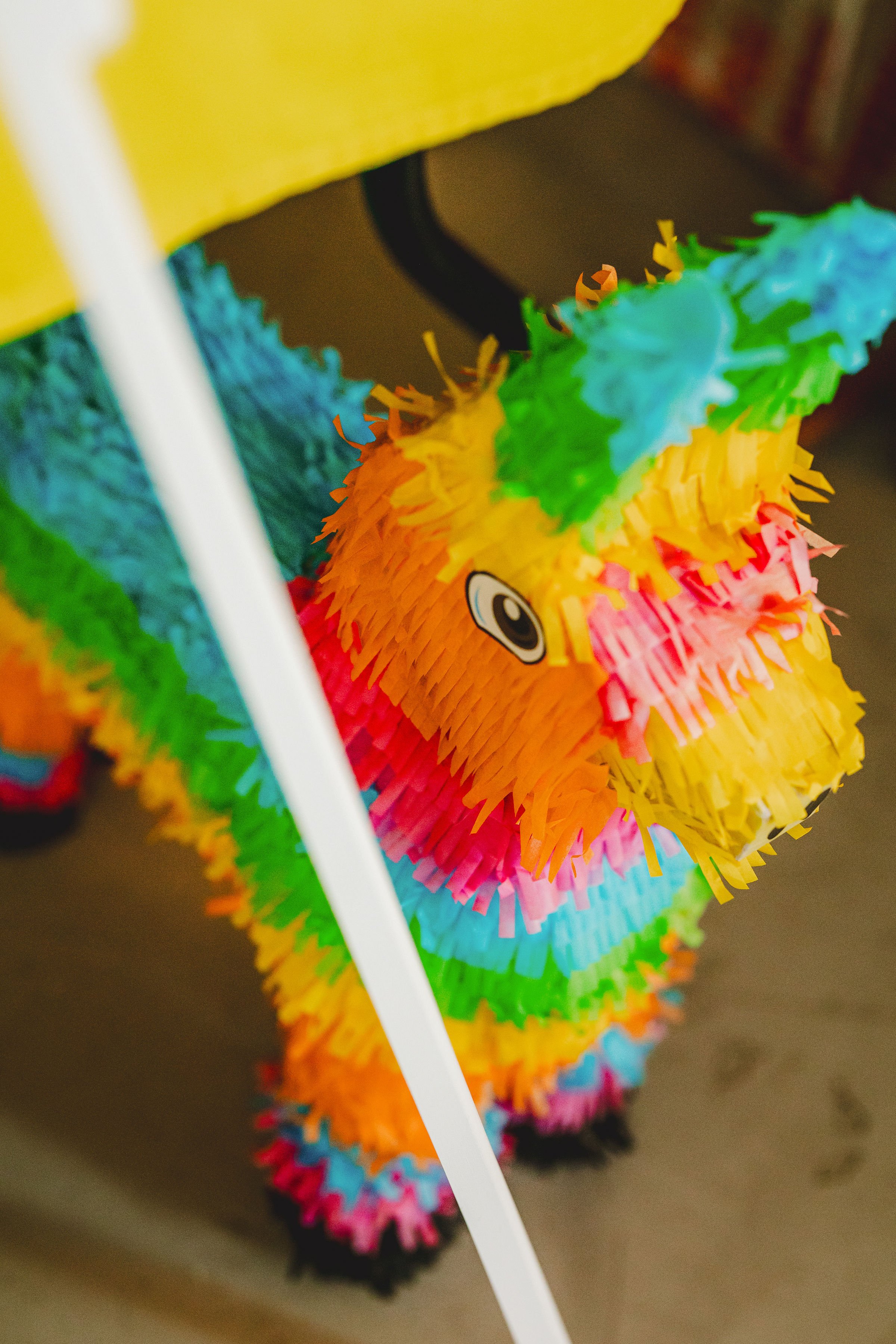  A bright animal pinata is stood on the floor. 