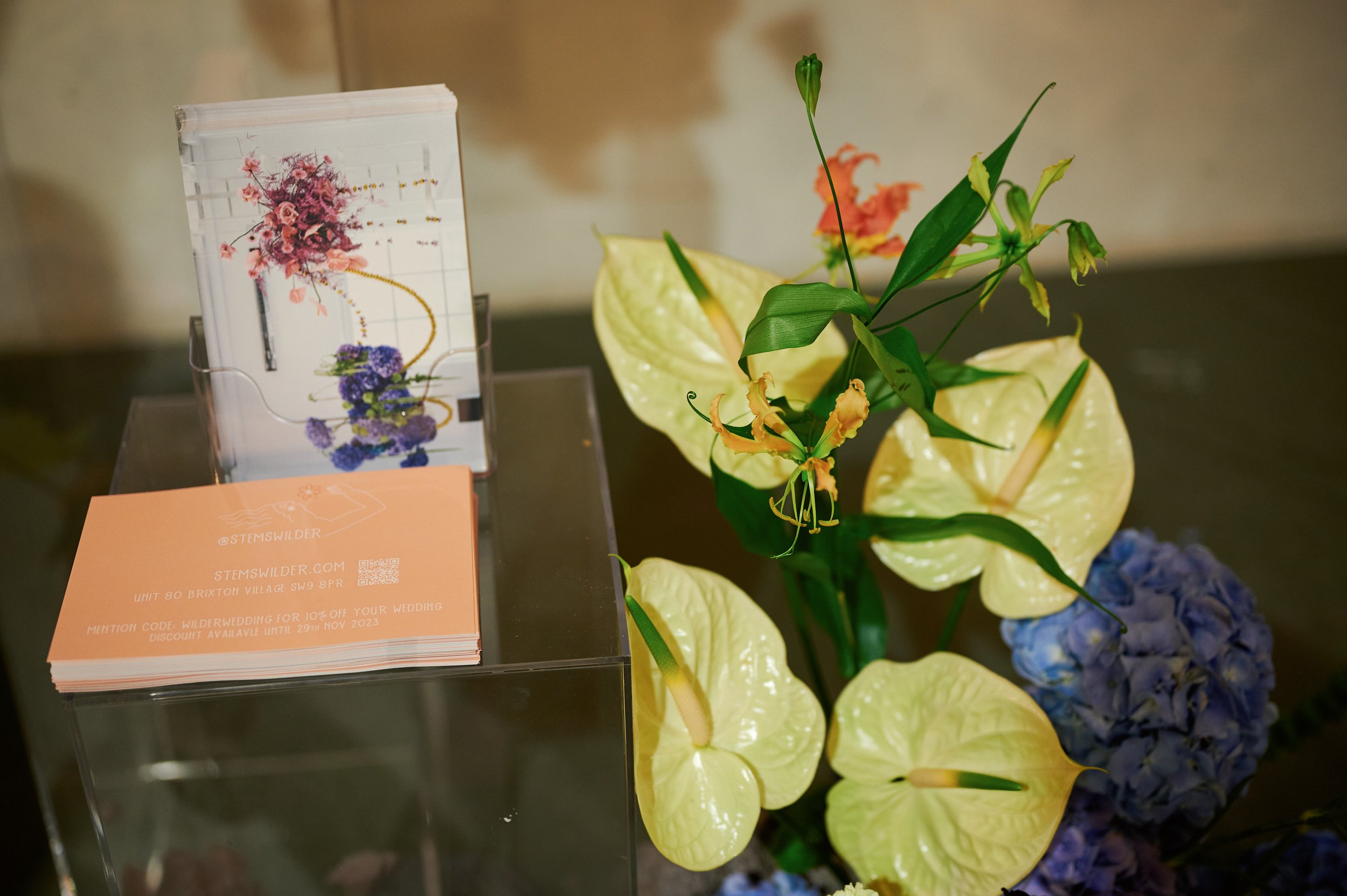  Some yellow, shiny anthurium flowers at The Un-Wedding Show. 