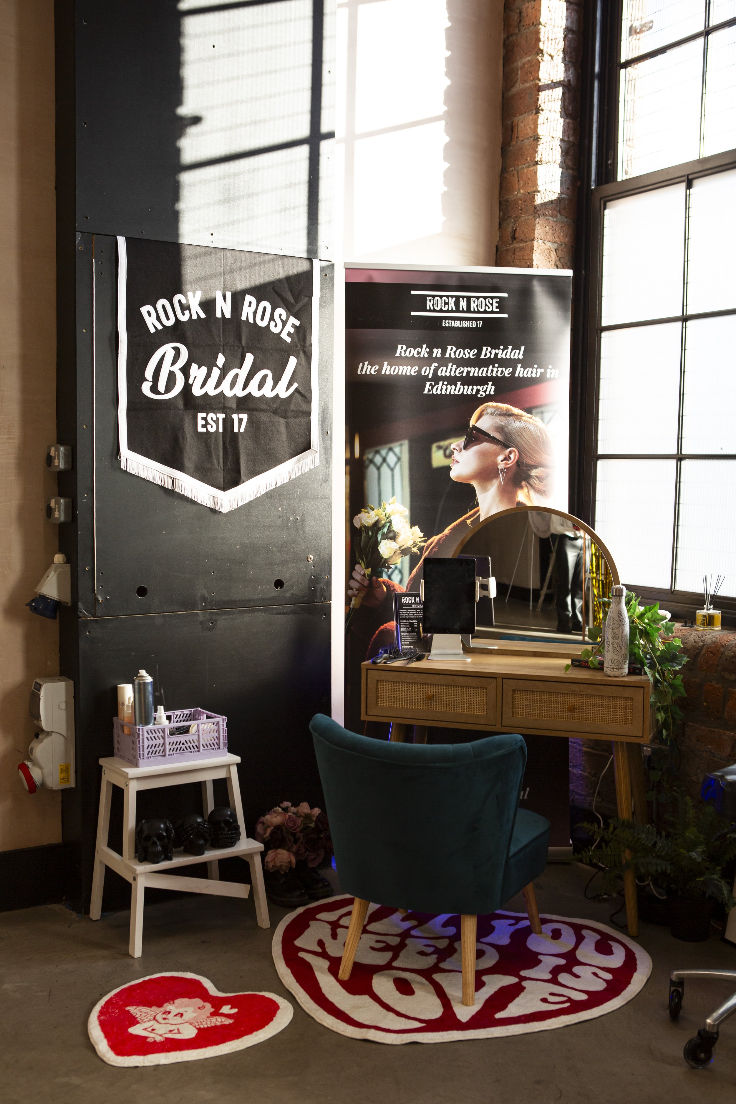  ROCK N ROSE Bridal black &amp; white banner looking awesome on the wall next to the cool wooden dressing table on the red and white ALL YOU NEED IS LOVE rug 