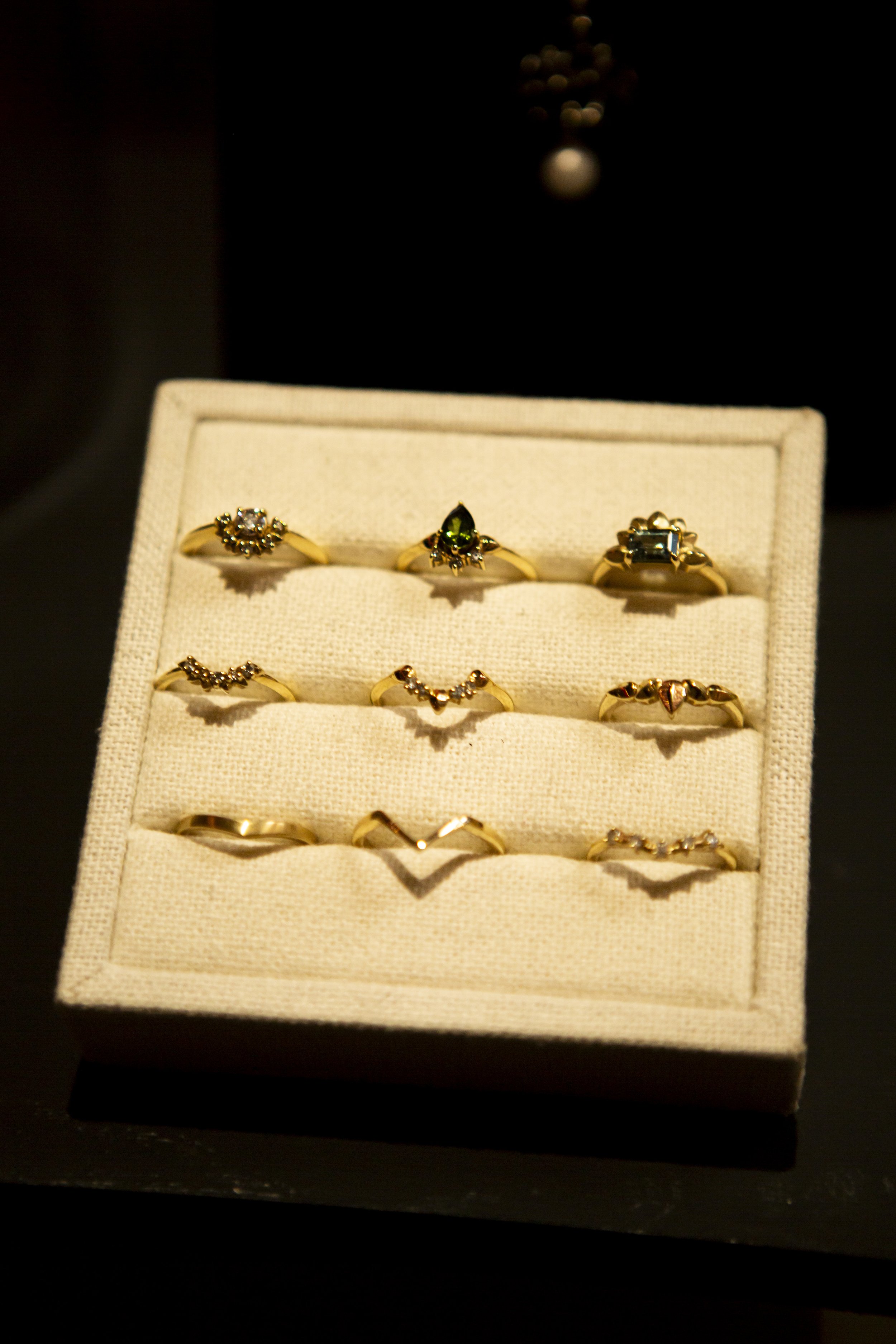  Selection of nine, gold, non-traditional wedding rings and engagement rings. 