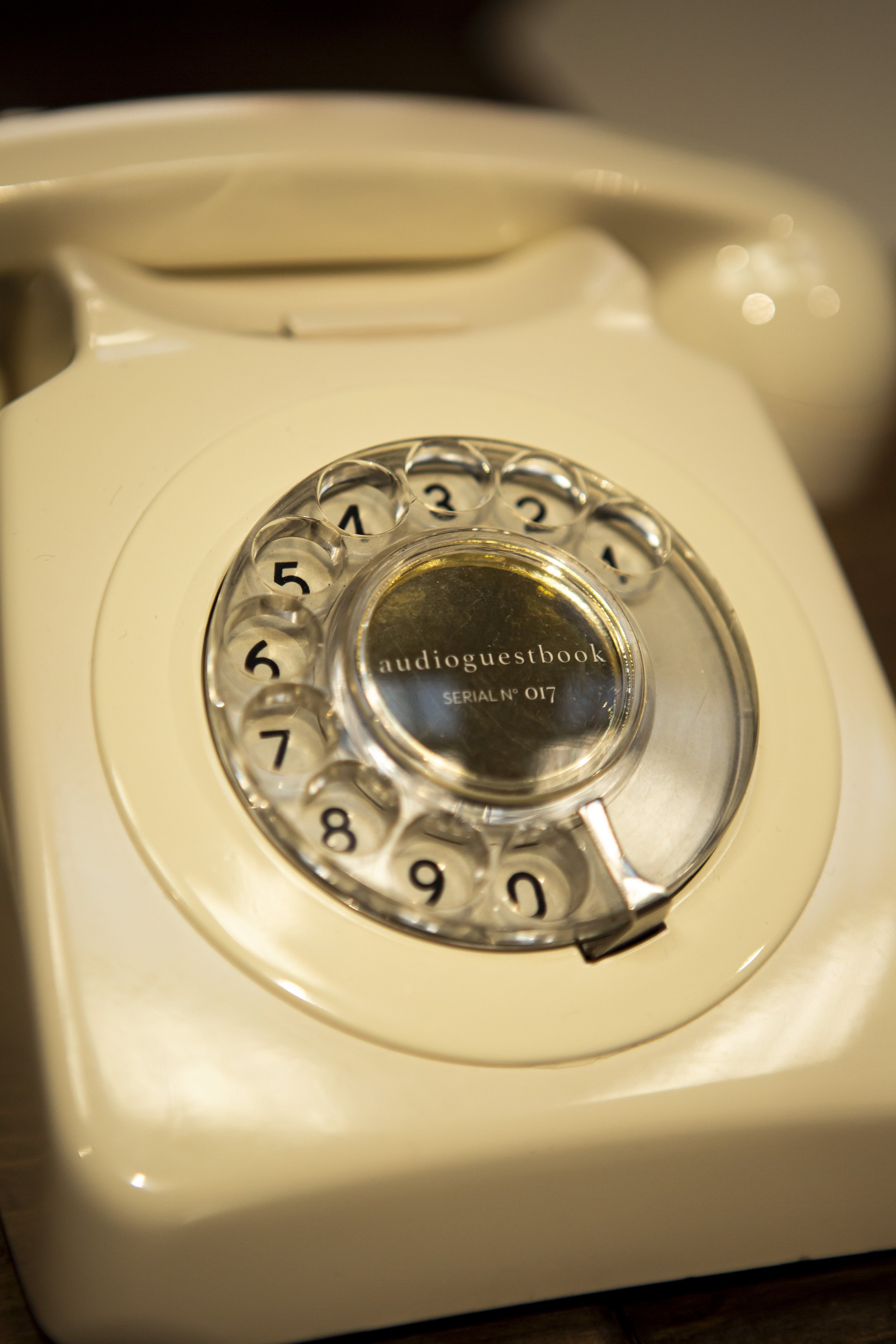  Cream, retro style audiogestbook telephone displayed ready to leave your wedding messages for the newlyweds. 