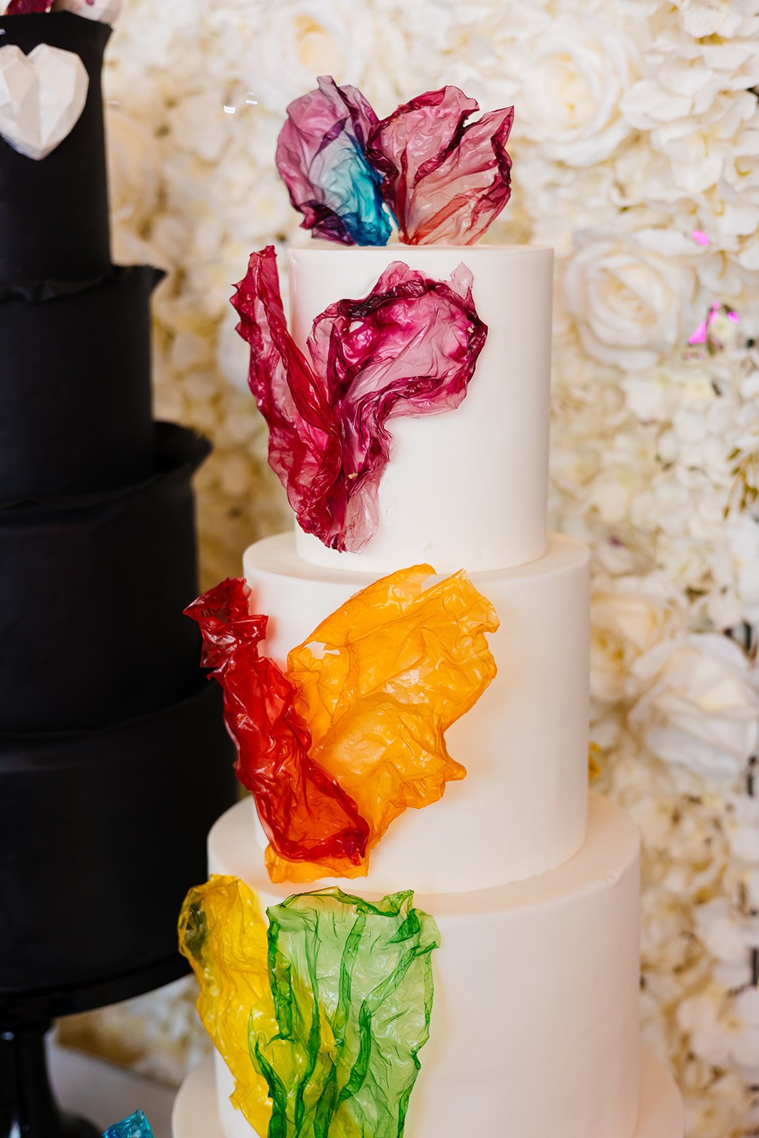  An alternative wedding cake with rainbow icing. 