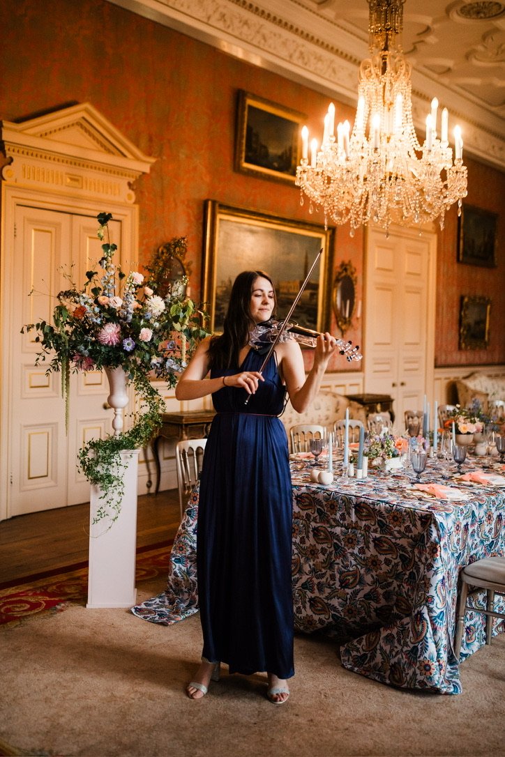 Modern solo violinist performing in a grand dining room at a wedding breakfast.