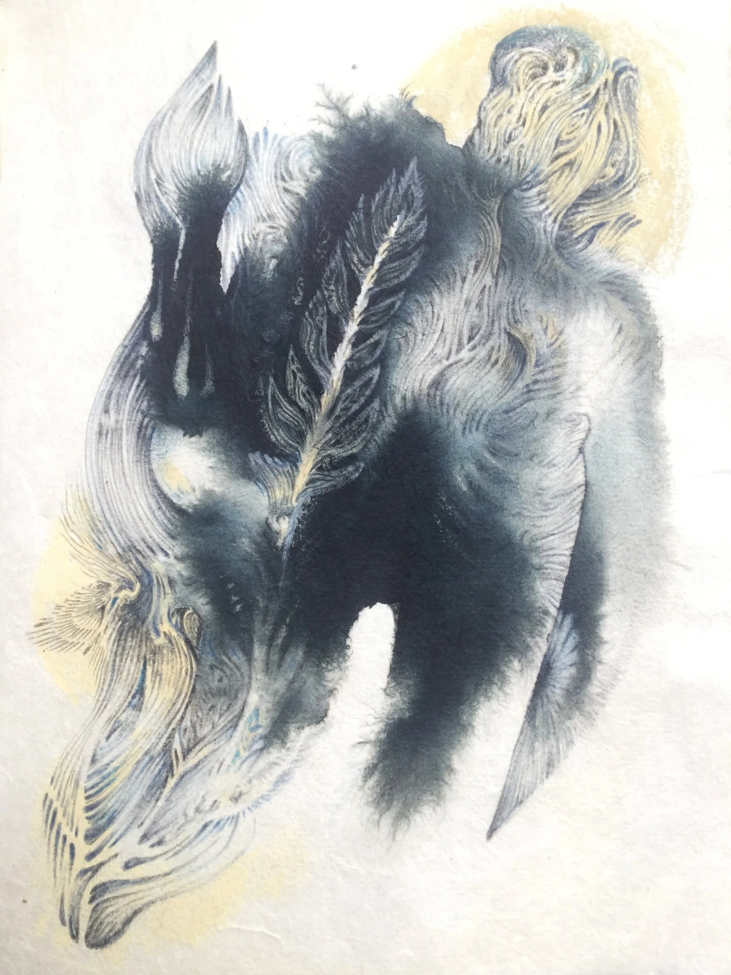 Spirit of the forest, ink and pencils on zamier handmade paper, 2021, 18x25cm, 100€