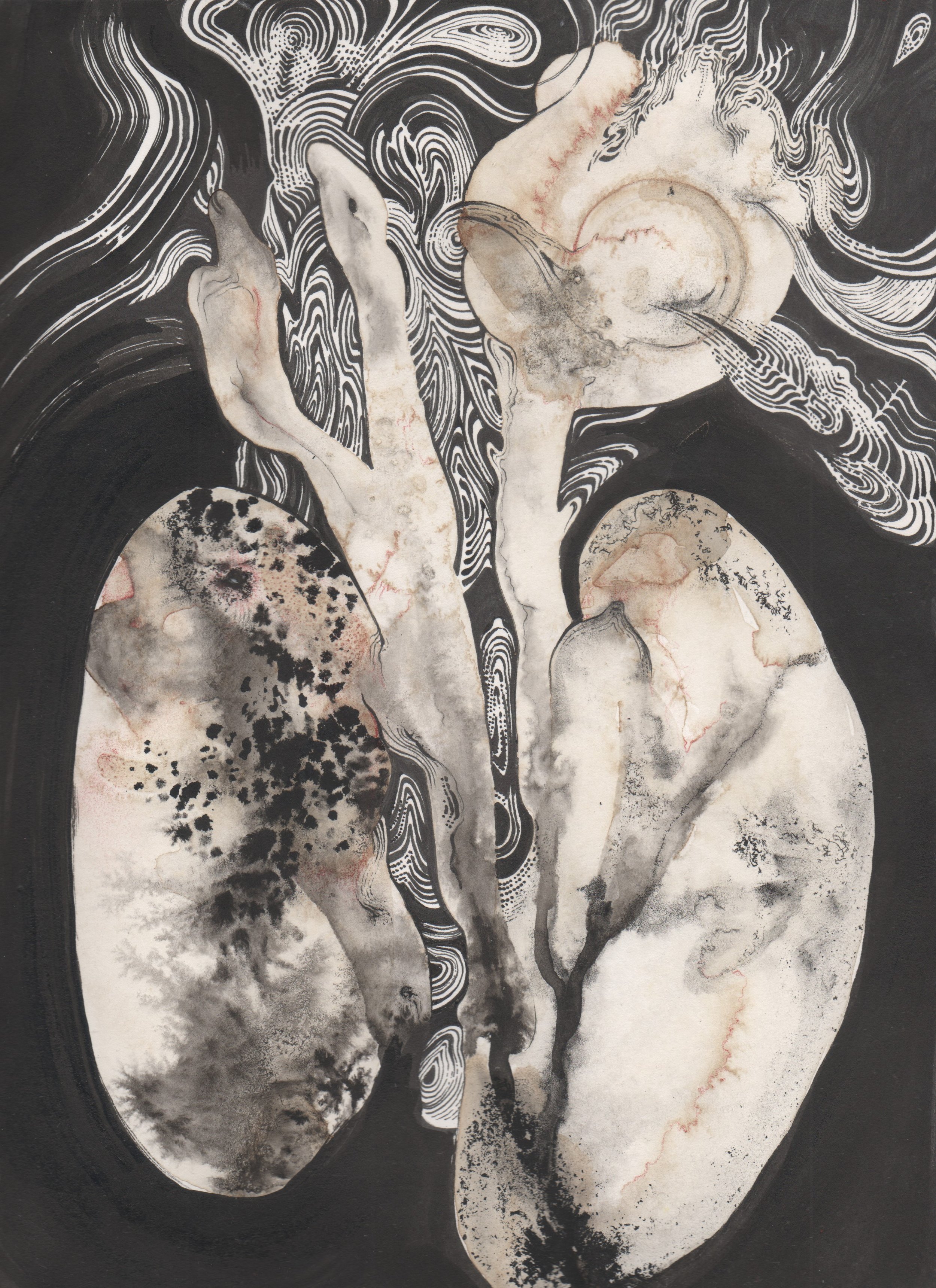 Lungs ~ sang et encre de chine, sel, stylos, 2022