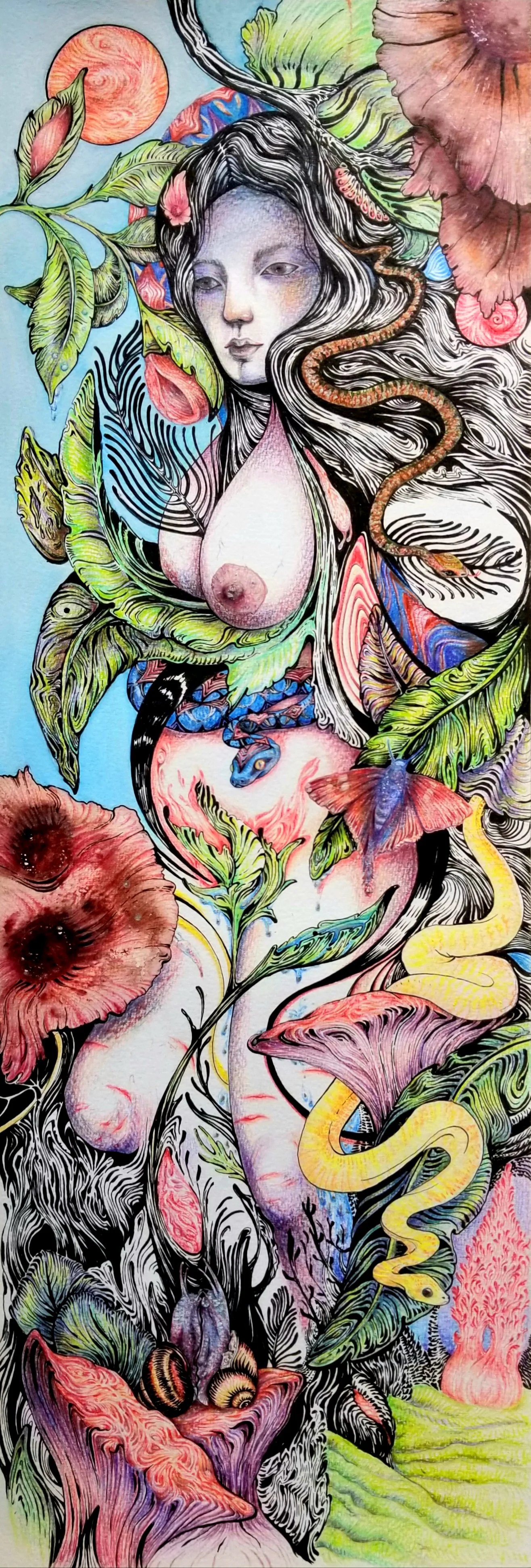 Muse, crayons, stylo et encre sur papier, 20x53cm, 2022, 800€