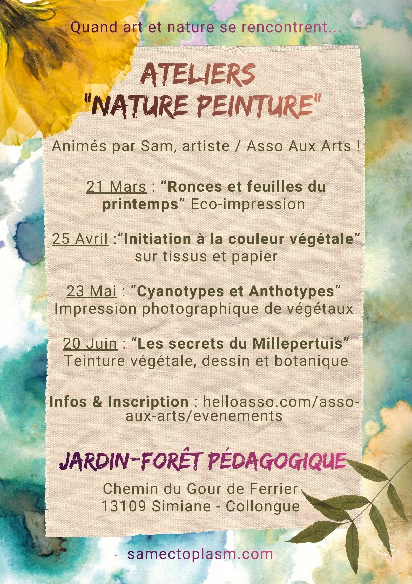 ateliers art et nature en plein air couleur végétale et teinture avec les plantes, ateliers cyanotypes à Simiane-Collongue (25mn d'Aix en Provence et Marseille)