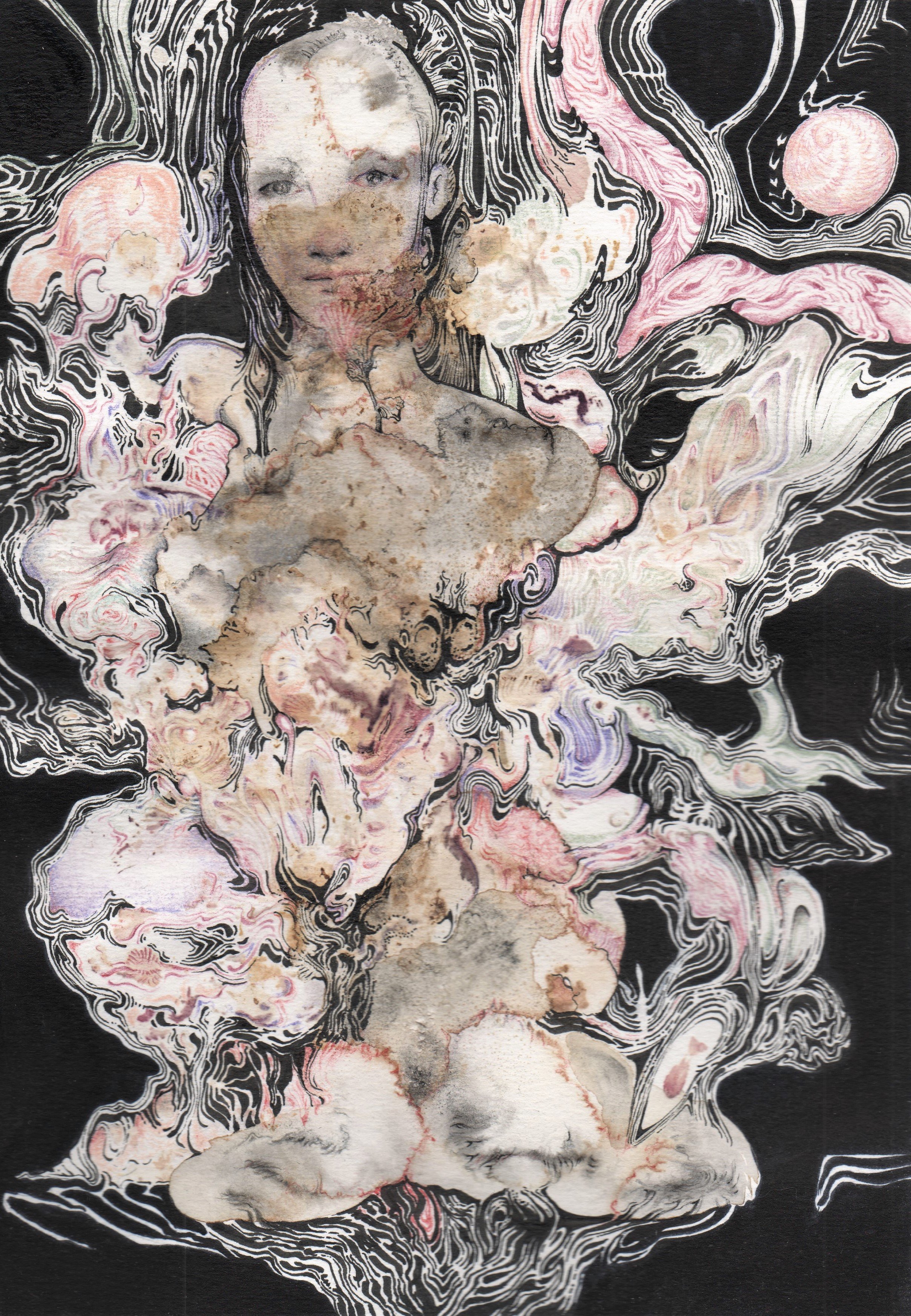 Chaos Angel ~ hibiscus, camomille, encre de chine, sel, sang, stylo + crayons de couleurs, 2022