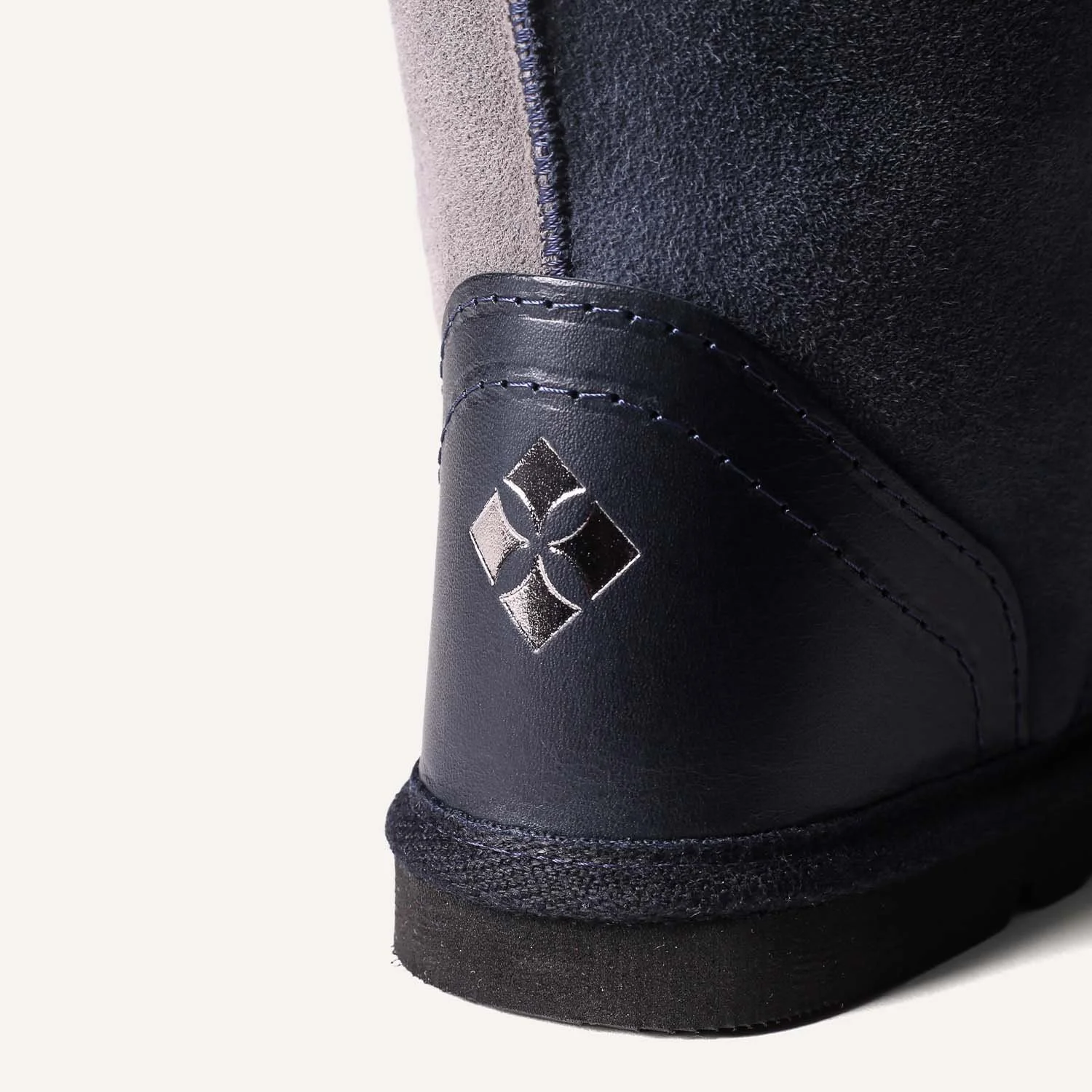 Close up of navy heel on blue / grey sheepskin boots.