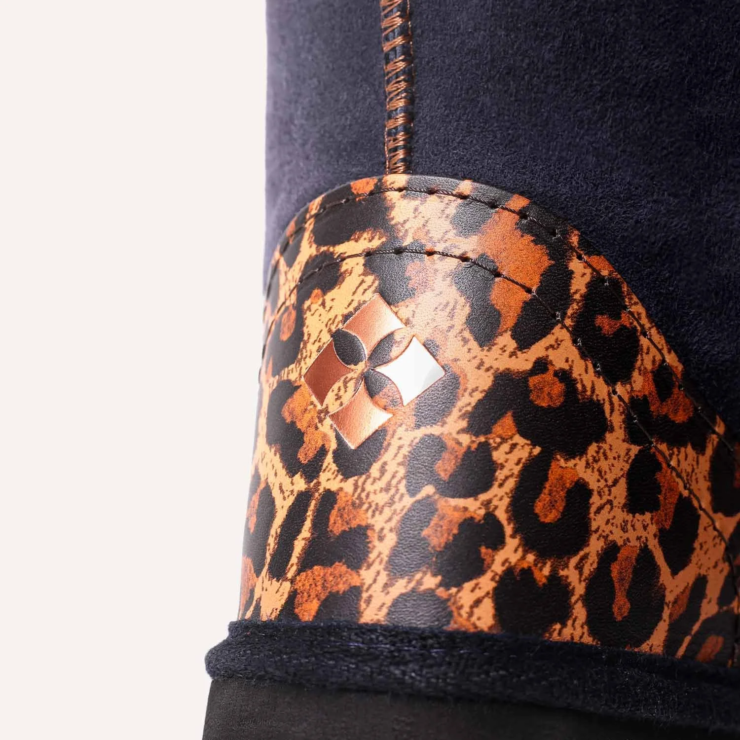 Leopard print heel of navy blue sheepskin boot.