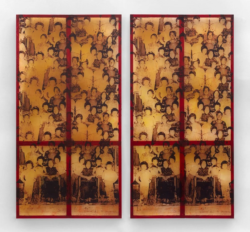 KV Duong,
Family Assembly, 2025,
ink and acrylic on latex (resin-fibreglass backing), two parts,
198 x 100 cm
