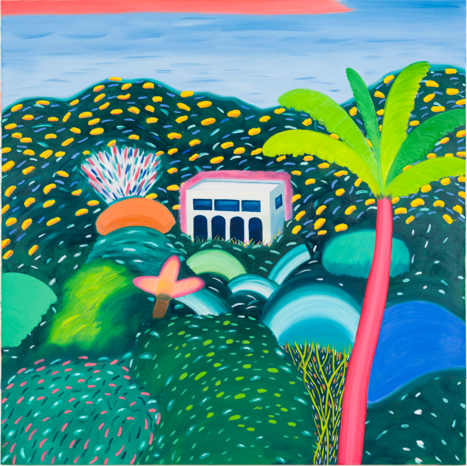 Fares Thabet,
Une stèle et des herbes folles, 2026,
Oil and acrylic on canvas,
150 x 150 cm