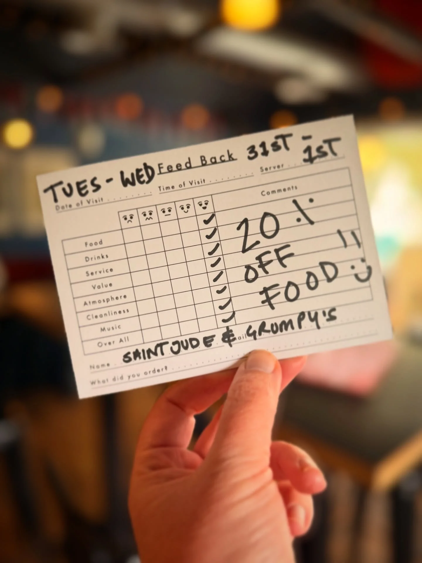 ✏️ 20% OFF FOOD WHEN YOU FILL IN A COMMENT CARD AT GRUMPY&rsquo;S &amp; SAINT JUDE ✨

Available Tuesday 31st March &amp; Wednesday 1st April for tables of 1-8 guests.

@saintjudeleeds : 9am - 8pm
@grumpysleeds : 12 noon - 8pm

Booking is recommended 