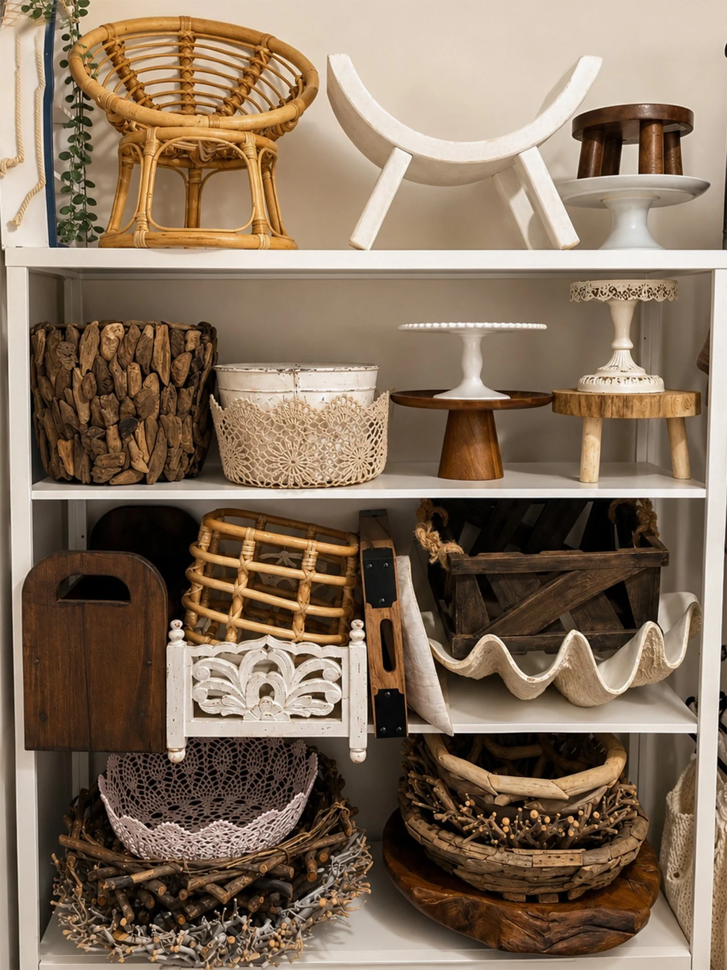 A white shelf filled with newborn props, decorative wicker and wood baskets, bowls, and pedestals, in neutral and natural tones.