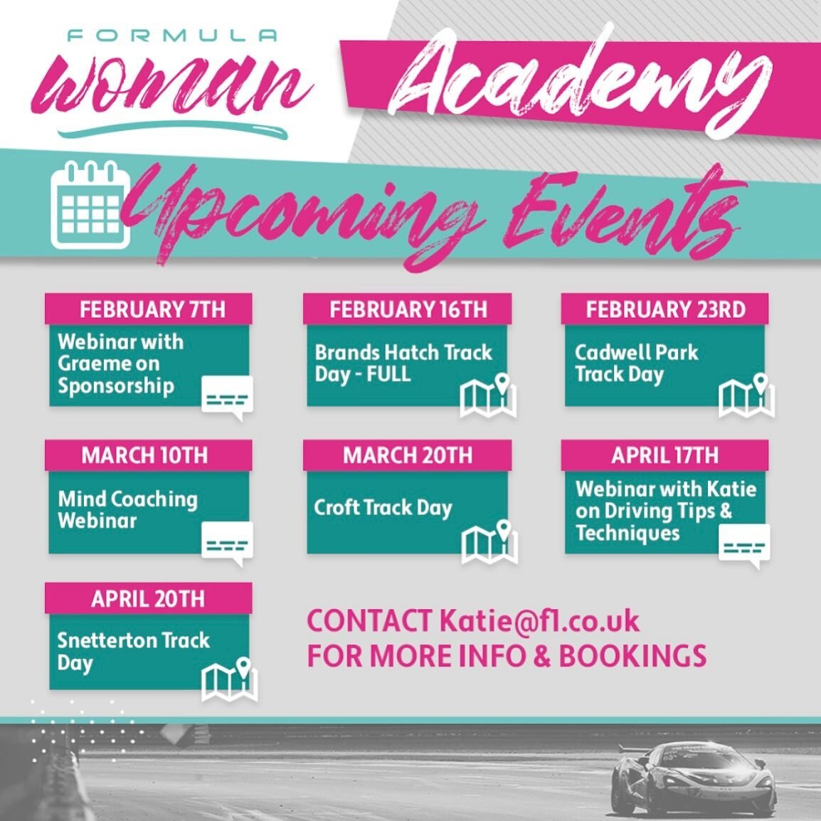 The first official dates have been released for all our new academy members! 🎉

We are extremely excited to progress together as a team and increase the percentage of females entering this sport.

Contact katie@f1.co.uk for further information on ou