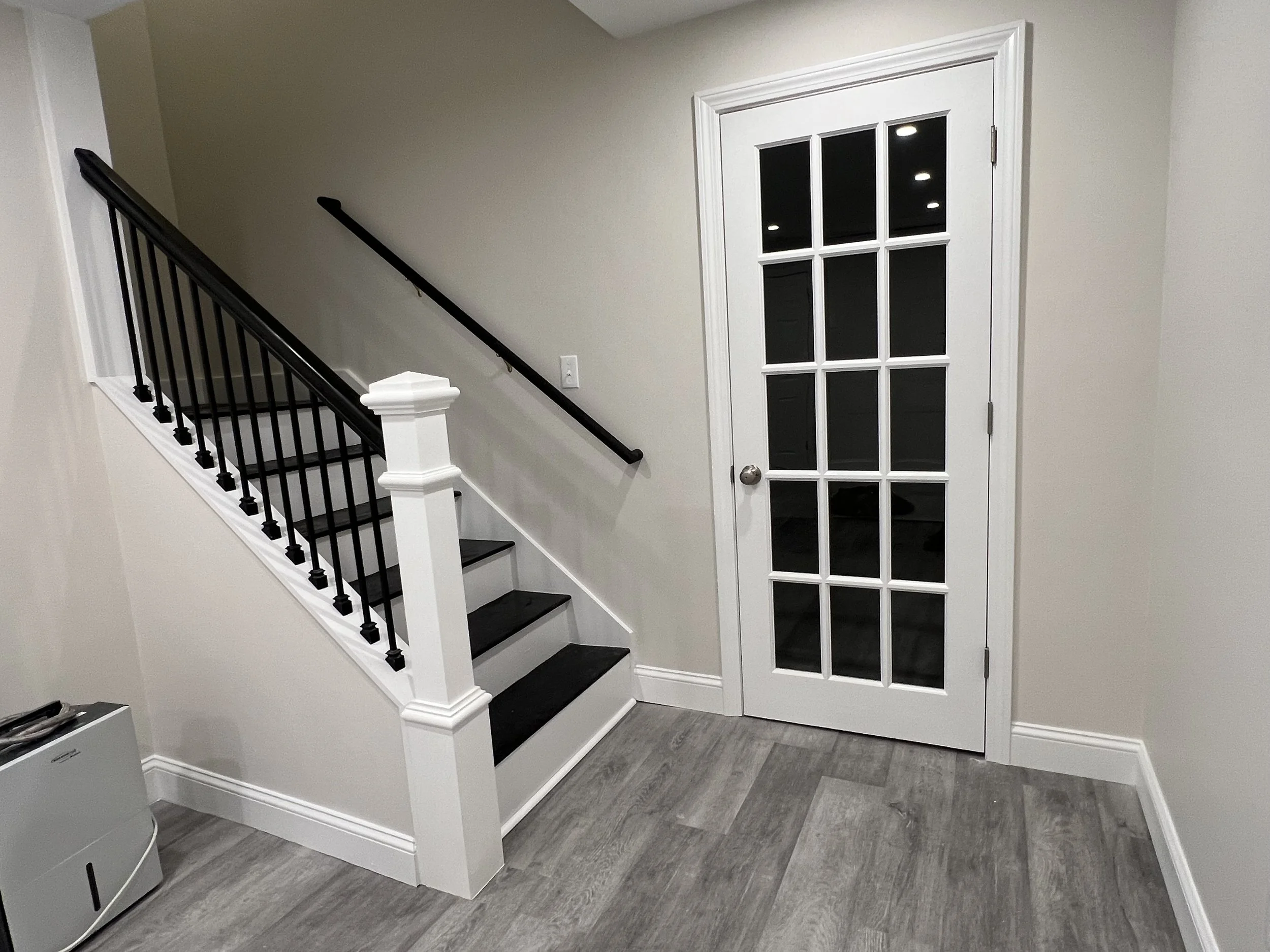 Interior view of a basement with a staircase, a white door with glass panes, and hardwood flooring.