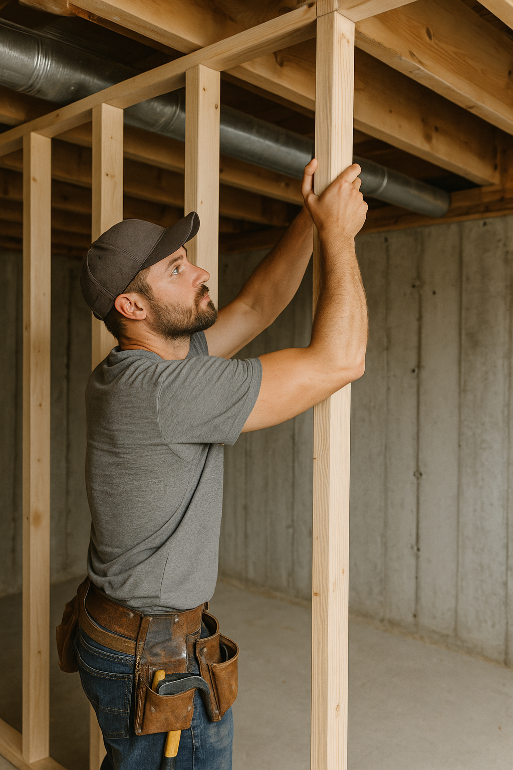 A man wearing a gray t-shirt, jeans, and a brown leather tool belt is working on the wooden framing of a wall or ceiling in a basement or unfinished construction area. He is holding a piece of wood in place with one hand and is looking up at it. The background shows concrete walls and a metal duct.