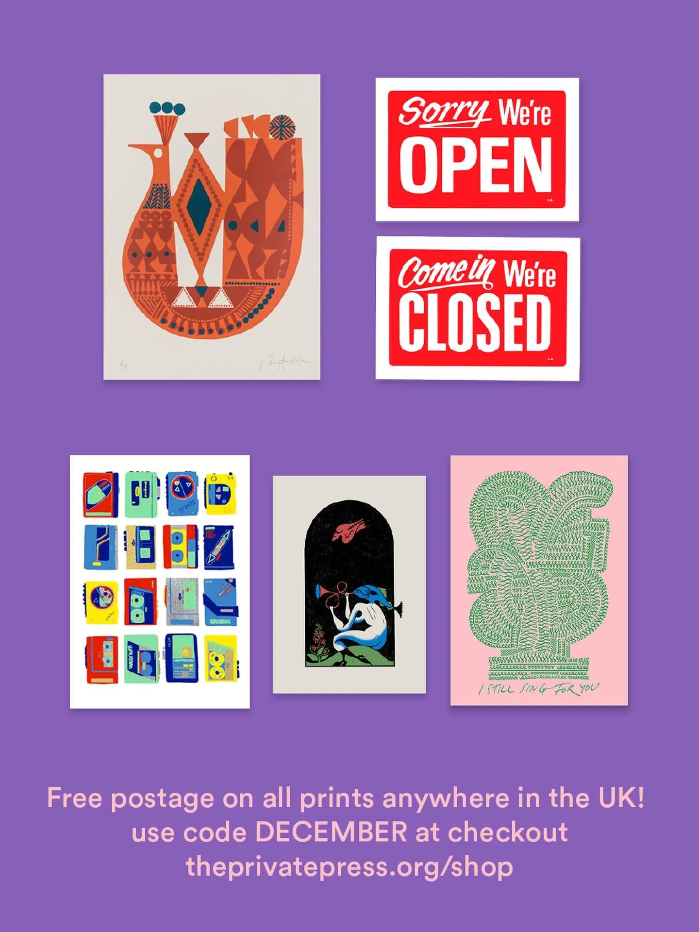 Yes! Free postage on all prints when you use the code DECEMBER at checkout.

New prints by @sannaannukka @sophyhollington and some favourites by @hannah_forward_art @anthonyburrill and @supermundane. Most prints are almost sold out so get one while y