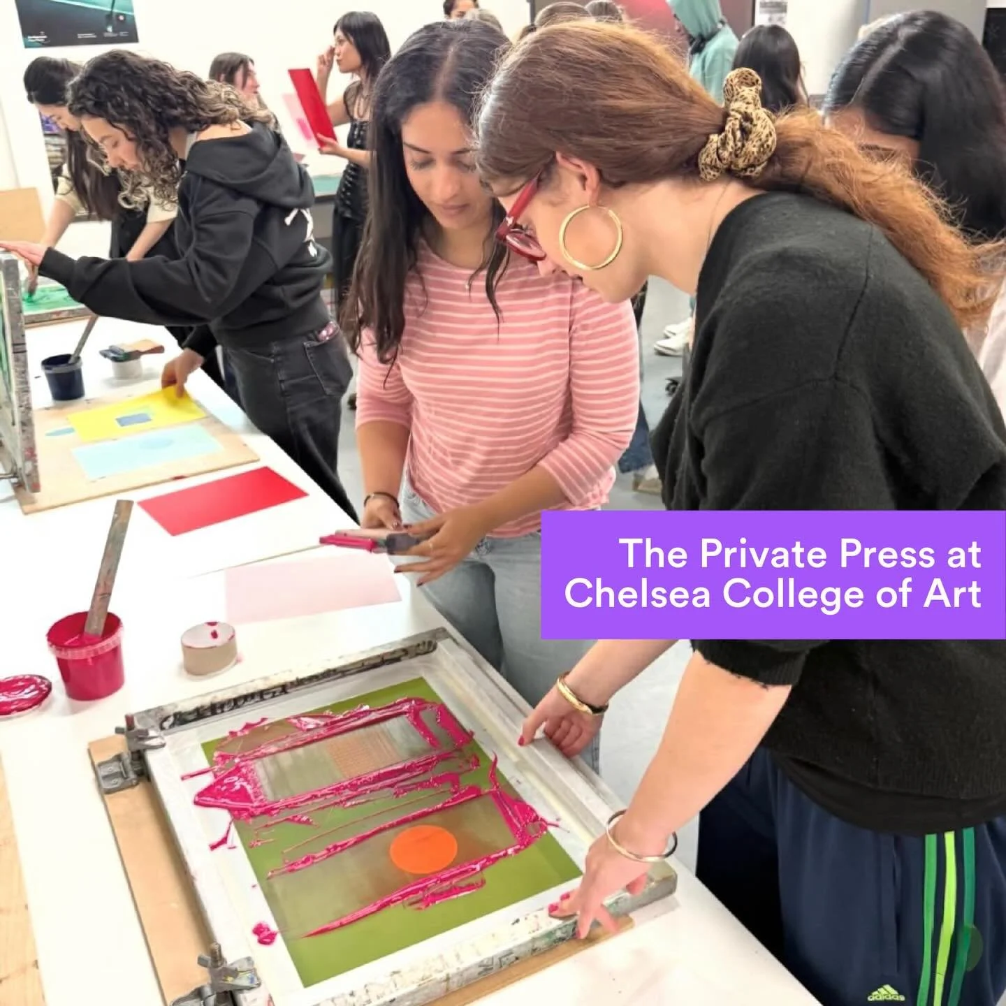 Last week I took a trip to Chelsea College of Art to host a screen printing workshop for students on the BA Graphic Design Communication course. And what a great session it was! 

We used 3 pre-exposed screens, each featuring 2 different graphic elem