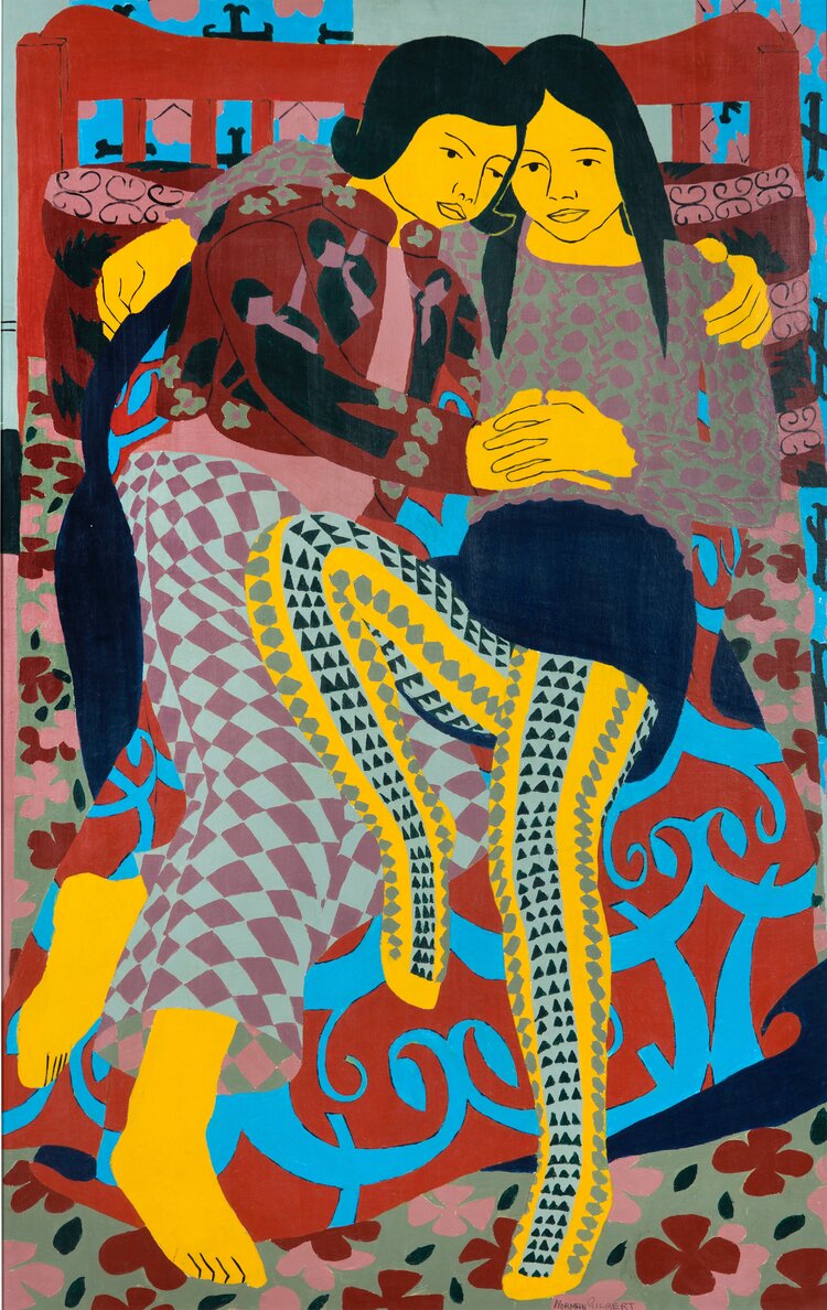 Reclining Boy and Girl Oil on Board, 122 x 76 cm, 1971