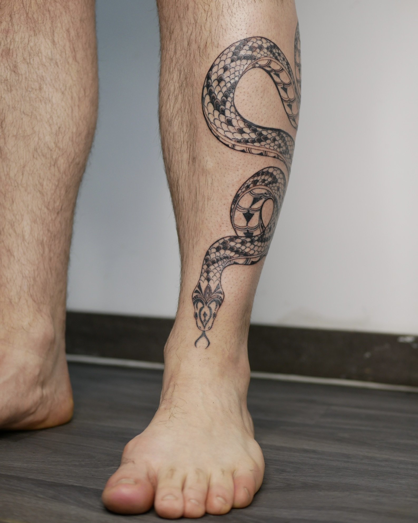 Patterned snake around the leg
2026