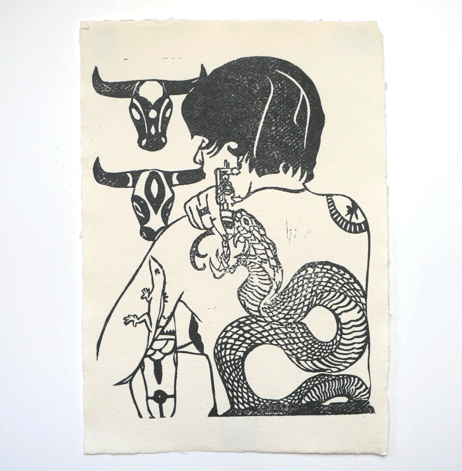 Snaked
8 × 11 inches
Black Relief Ink on Khadi Paper
2024