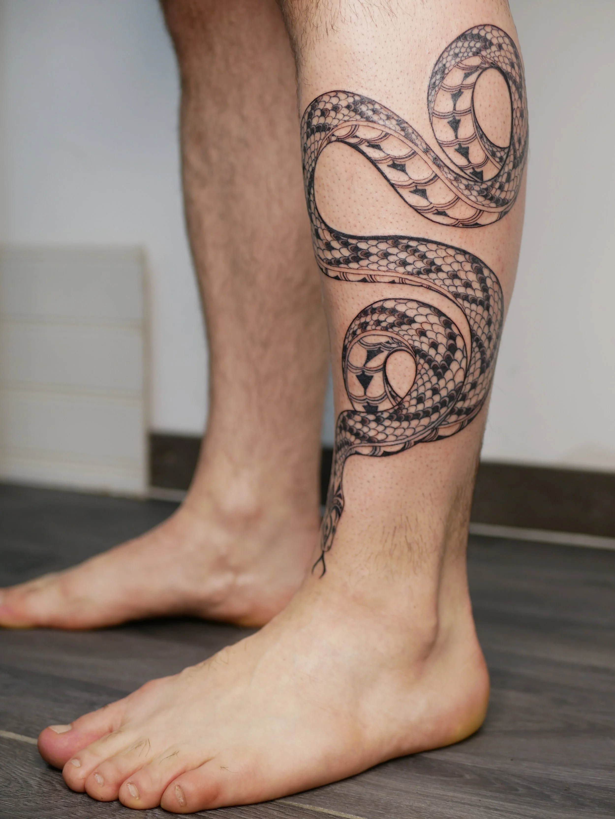 Patterned snake around the leg
2026