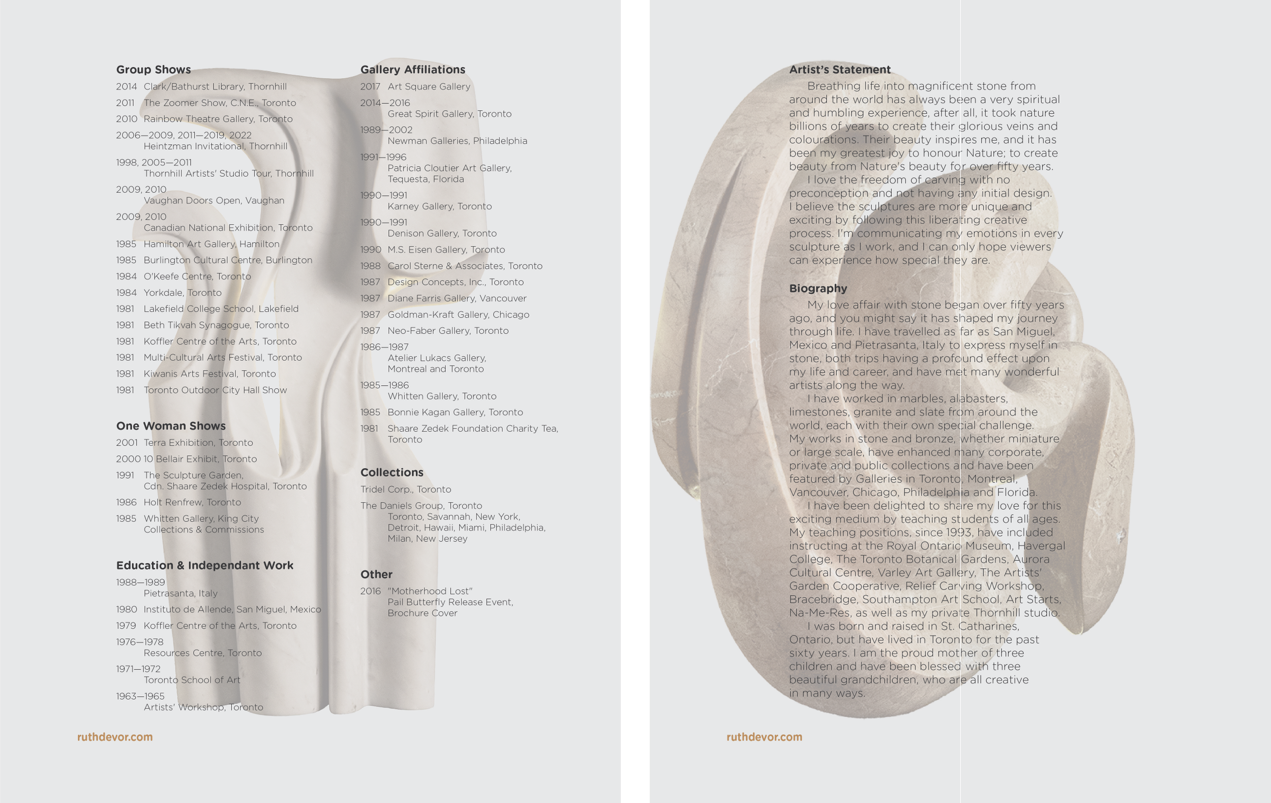 Pages from Catalogues of Sculptures . Ruth Devor . (click on image for website design)