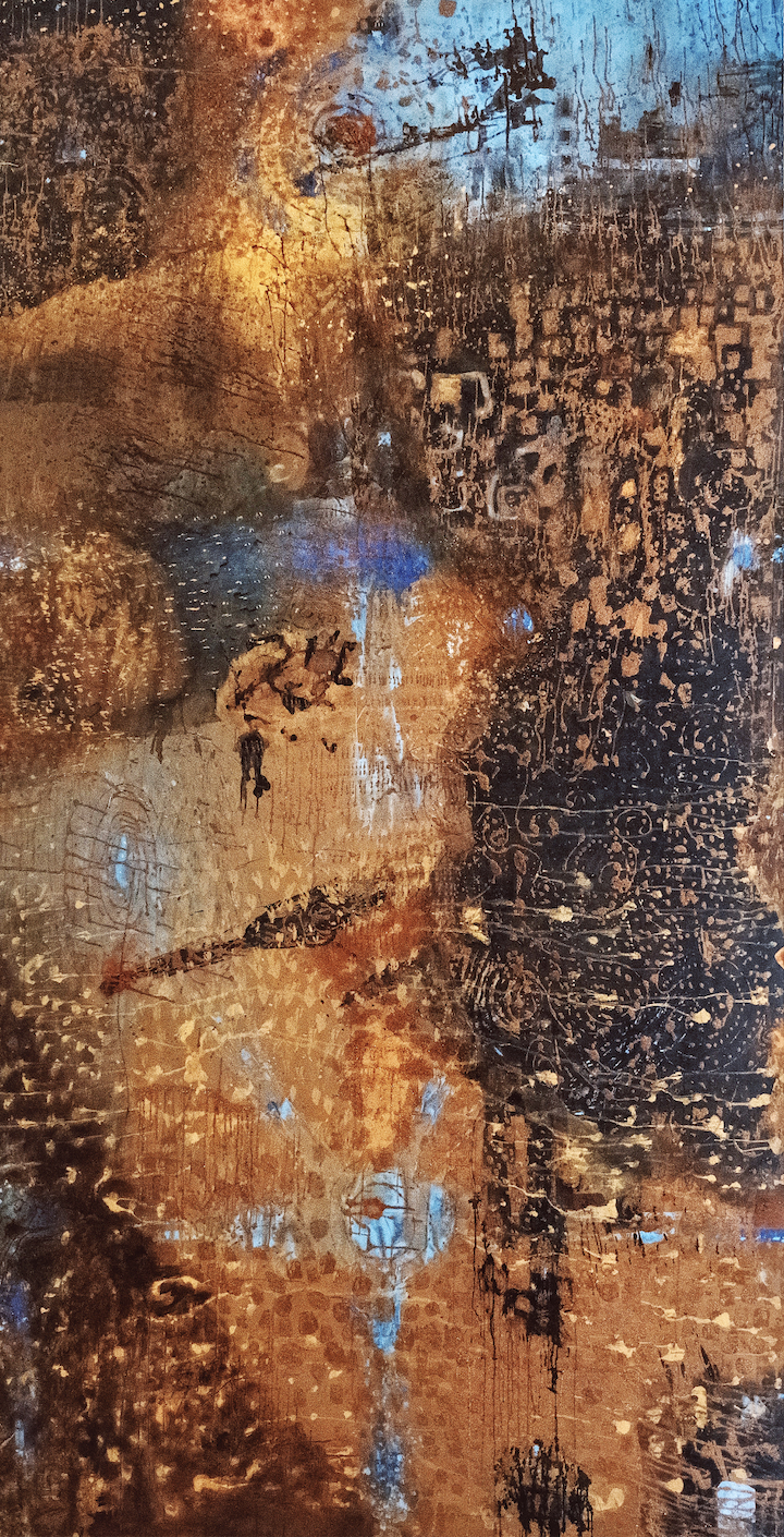 De Bandiagara à Niagara
2021, acrylique, pigments naturels, encre, sciure de bois sur papier monté sur toile, 419 x 219 CM