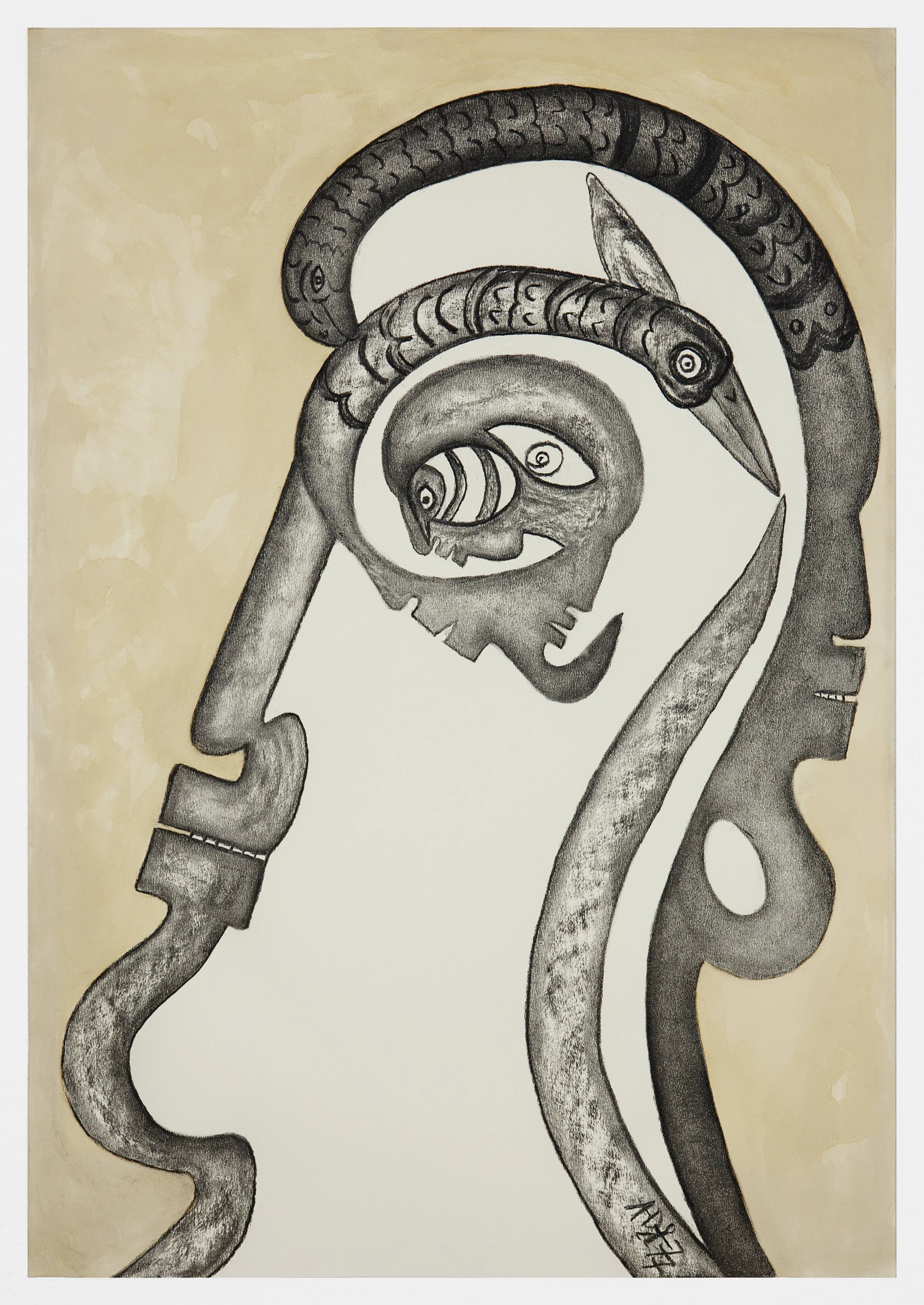 Alioune Diouf, Le regard vers l'œuf, 2024, graphite et pigment naturel sur papier, 70 x 100 cm
